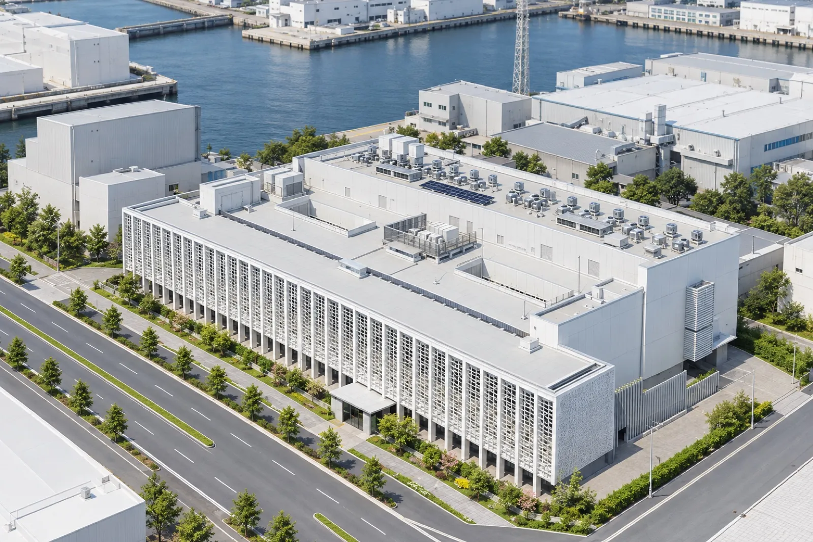 横浜市東部斎場の外観。白い縦格子に覆われた横長の4階建ての建物(イメージ)